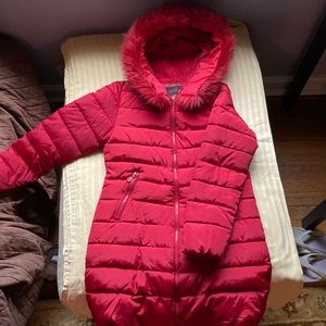 Faux fur red puffer jacket holiday